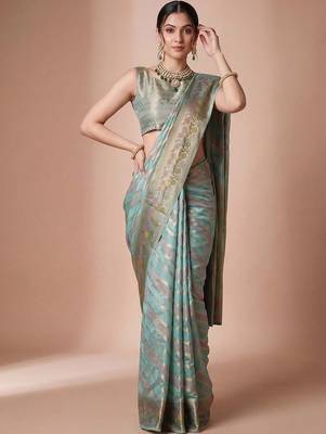 Multicolor woven design zari organza handloom banarasi saree 1