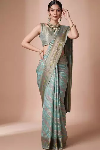 Multicolor woven design zari organza handloom banarasi saree