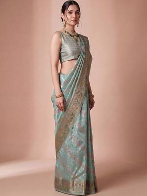 Multicolor woven design zari organza handloom banarasi saree 3