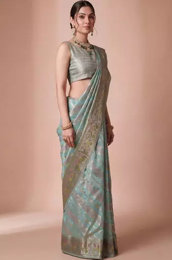 Multicolor woven design zari organza handloom banarasi saree
