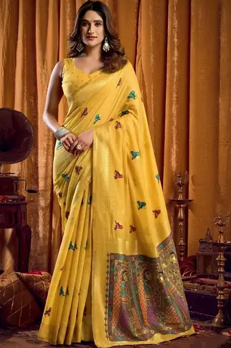 Yellow woven design embroidered pure cotton khadi saree