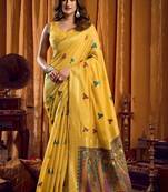 Yellow woven design embroidered pure cotton khadi saree