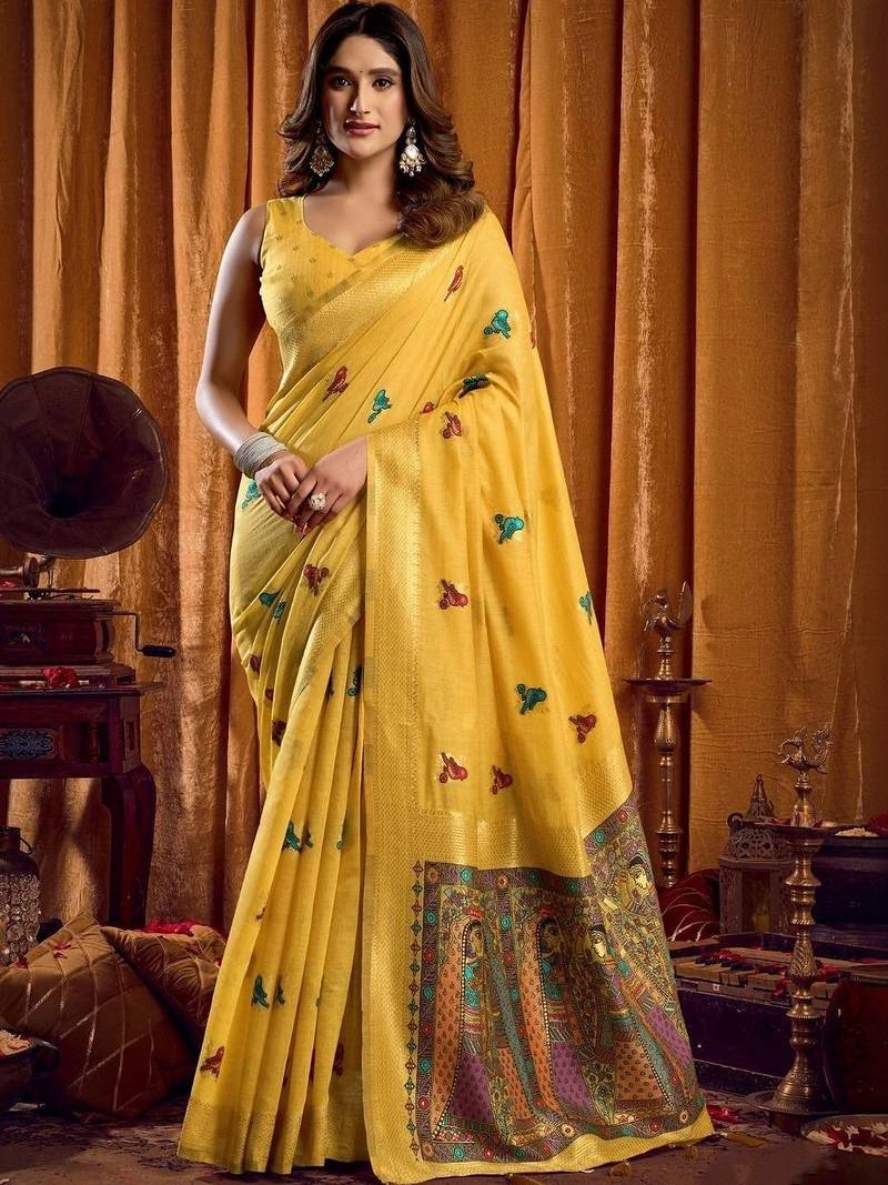 Yellow woven design embroidered pure cotton khadi saree