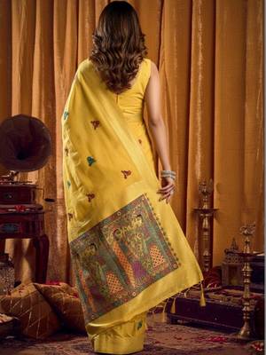Yellow woven design embroidered pure cotton khadi saree 2