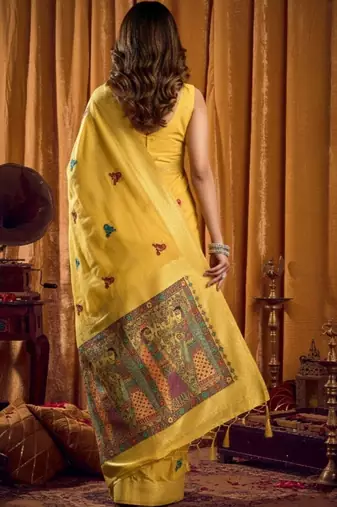 Yellow woven design embroidered pure cotton khadi saree