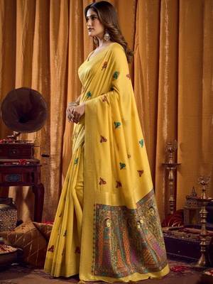 Yellow woven design embroidered pure cotton khadi saree 3