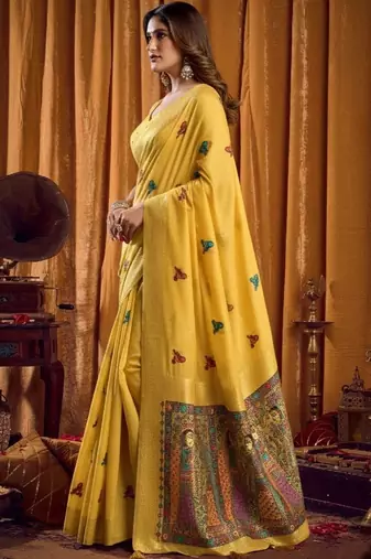Yellow woven design embroidered pure cotton khadi saree