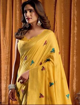 Yellow woven design embroidered pure cotton khadi saree 4