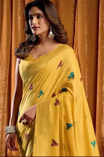Yellow woven design embroidered pure cotton khadi saree