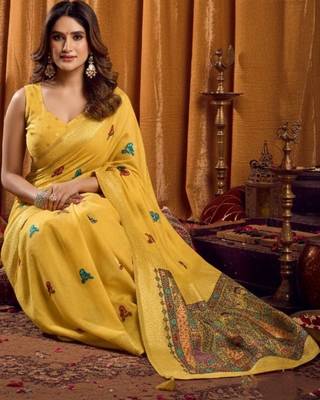 Yellow woven design embroidered pure cotton khadi saree 5