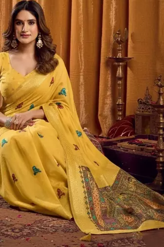 Yellow woven design embroidered pure cotton khadi saree