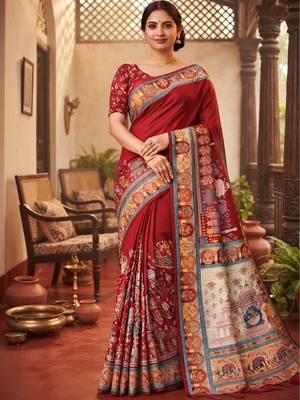 Mehendi ethnic motifs silk blend tussar saree 1