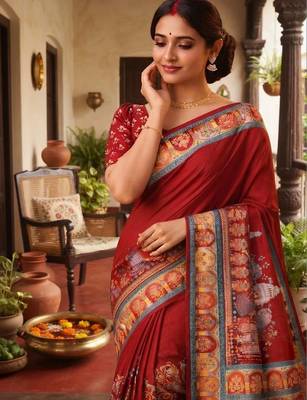 Mehendi ethnic motifs silk blend tussar saree 5