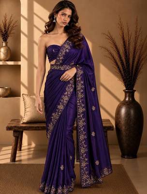 Purple floral embroidered fusion saree 1