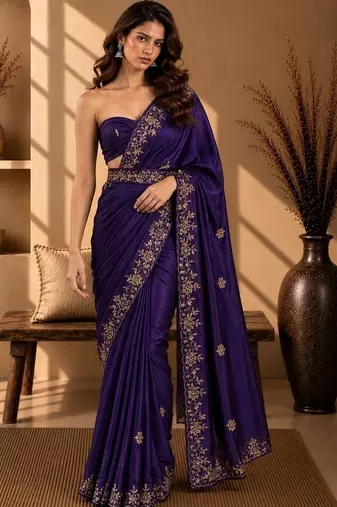 Purple floral embroidered fusion saree