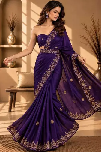 Purple floral embroidered fusion saree