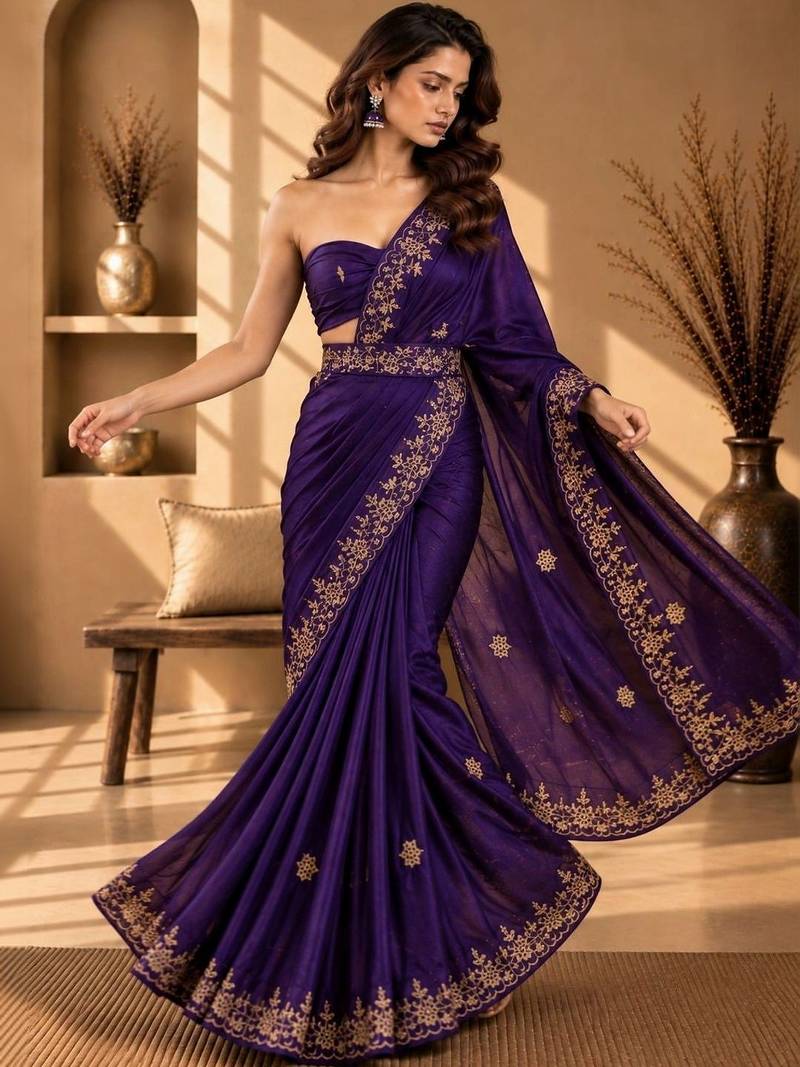 Purple floral embroidered fusion saree