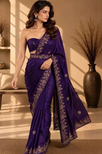 Purple floral embroidered fusion saree