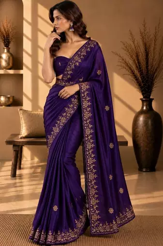 Purple floral embroidered fusion saree
