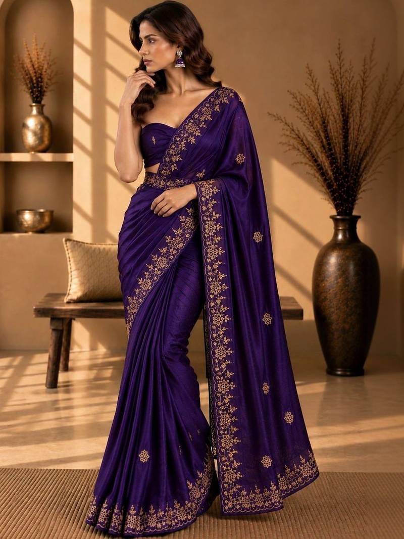 Purple floral embroidered fusion saree