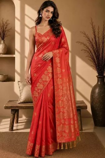 Orange woven design art silkfusion banarasi saree