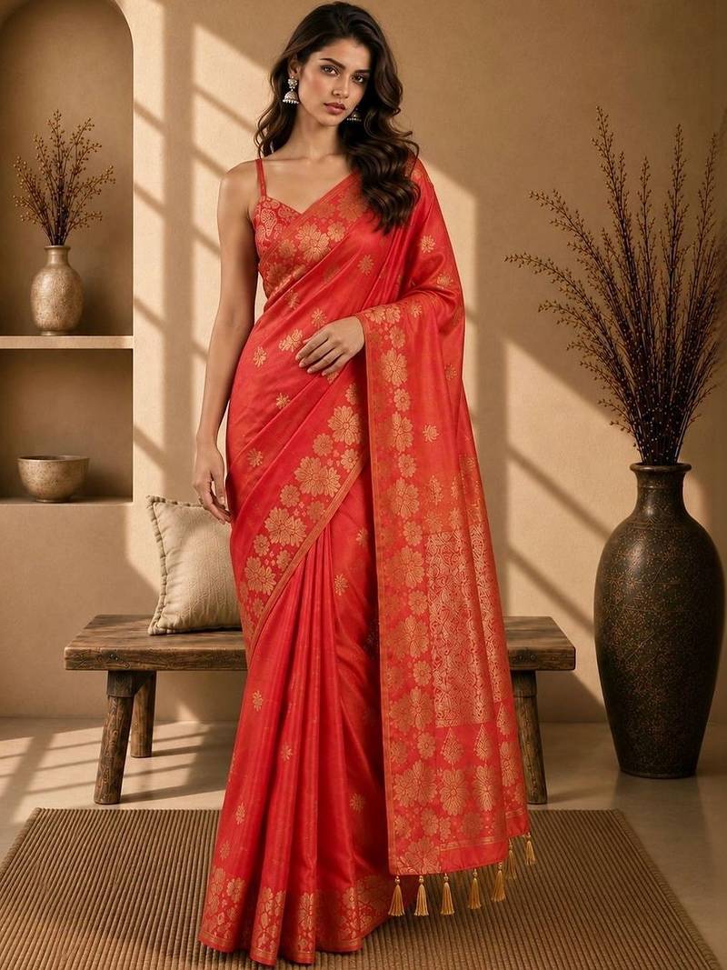 Orange woven design art silkfusion banarasi saree