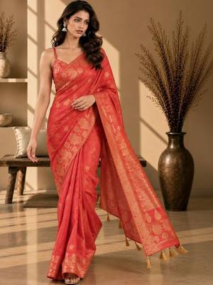 Orange woven design art silkfusion banarasi saree 2