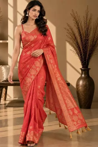 Orange woven design art silkfusion banarasi saree