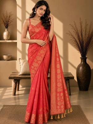 Orange woven design art silkfusion banarasi saree 3