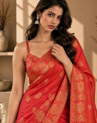 Orange woven design art silkfusion banarasi saree 4