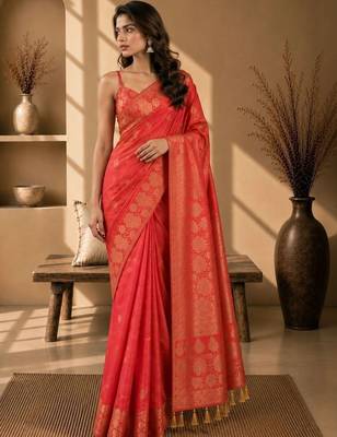 Orange woven design art silkfusion banarasi saree 5