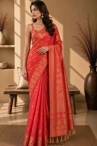 Orange woven design art silkfusion banarasi saree