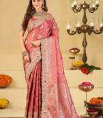 Rose woven design embroidered silk blend heavy work banarasi saree
