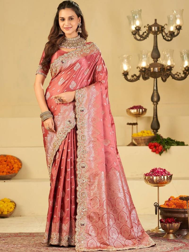 Rose woven design embroidered silk blend heavy work banarasi saree