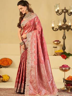 Rose woven design embroidered silk blend heavy work banarasi saree 2