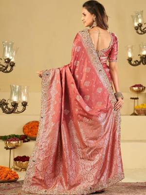 Rose woven design embroidered silk blend heavy work banarasi saree 3