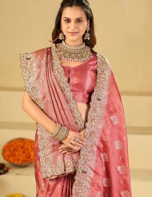 Rose woven design embroidered silk blend heavy work banarasi saree 4
