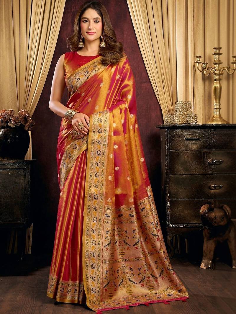 Orange woven design tissue saree