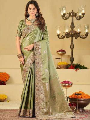 Olive ethnic motifs embroidered silk blend heavy work banarasi saree 1