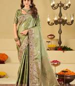 Olive ethnic motifs embroidered silk blend heavy work banarasi saree
