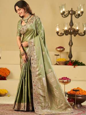 Olive ethnic motifs embroidered silk blend heavy work banarasi saree 2