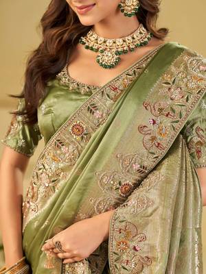 Olive ethnic motifs embroidered silk blend heavy work banarasi saree 4
