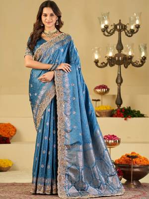 Teal woven design embroidered silk blend heavy work banarasi saree 1