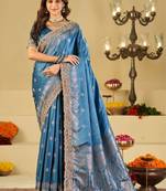 Teal woven design embroidered silk blend heavy work banarasi saree