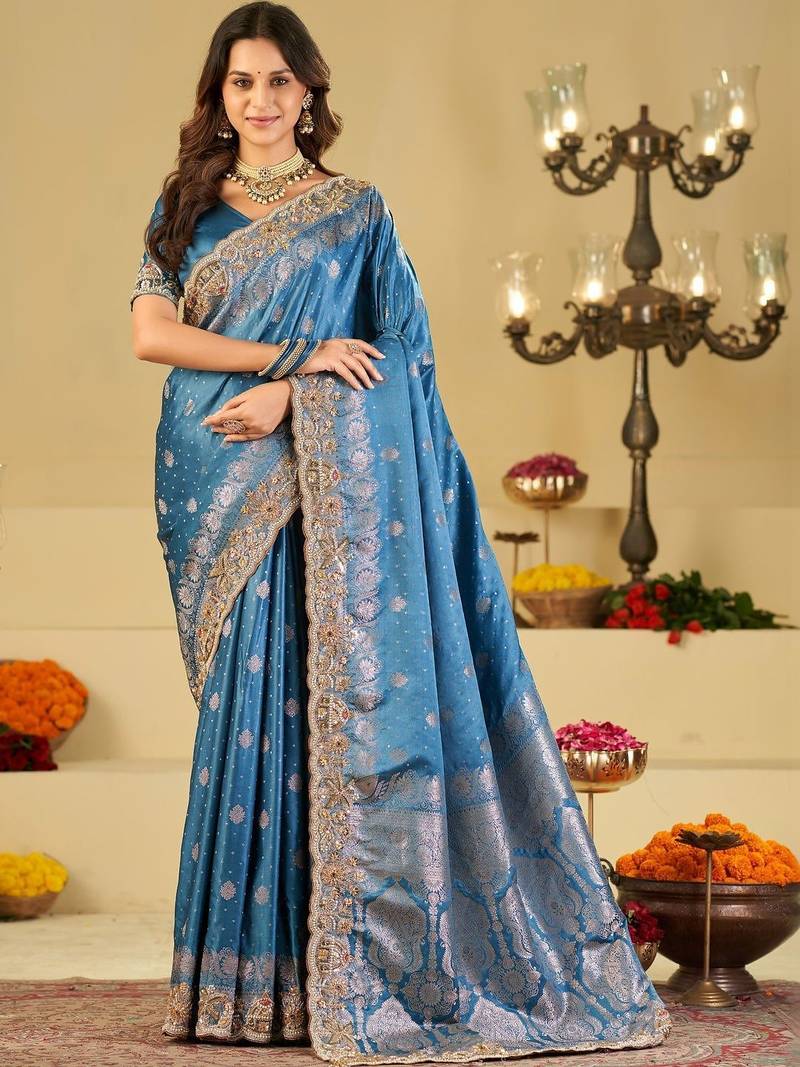 Teal woven design embroidered silk blend heavy work banarasi saree