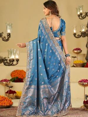 Teal woven design embroidered silk blend heavy work banarasi saree 2