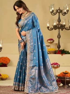 Teal woven design embroidered silk blend heavy work banarasi saree 3