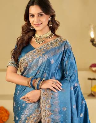 Teal woven design embroidered silk blend heavy work banarasi saree 5