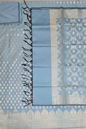 Grey blue katan silk blend dress materials