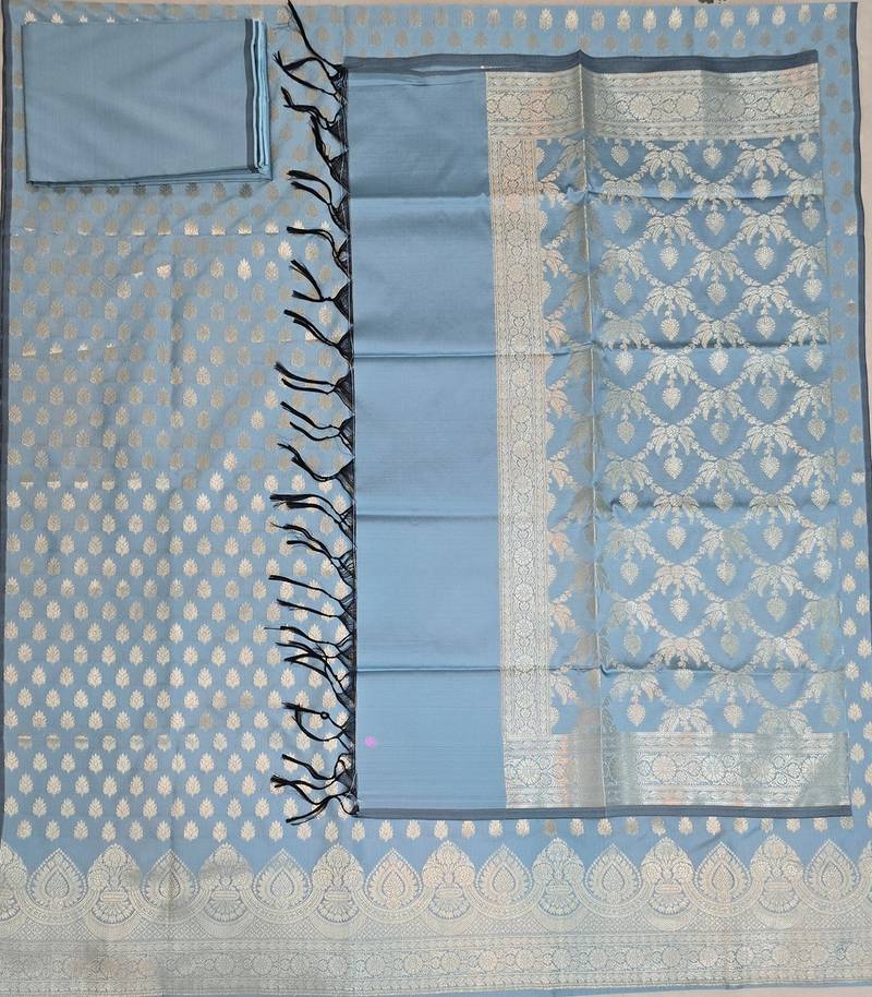 Grey blue katan silk blend dress materials